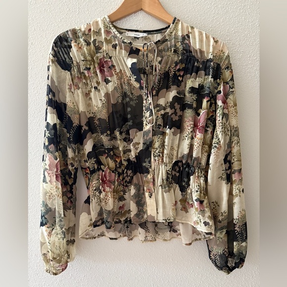 Mango MNG Blouse Floral Botanical Nature Chiffon Y2K Boho Retro Women's XS Sheer - Picture 1 of 10